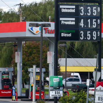 The gasoline price sign and fuel pumps for the Turkey Hill gas station in Pennsylvania