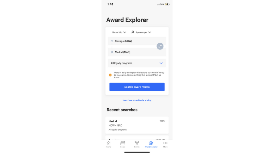 Screenshot of The Points Guy app 'Award Explorer' page