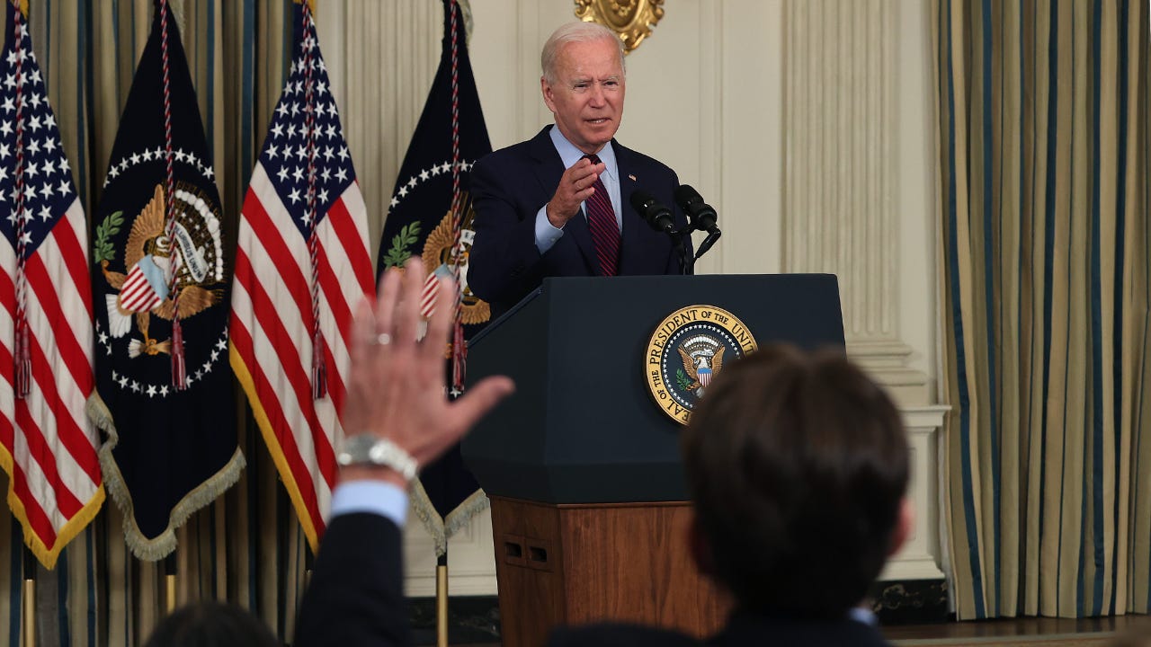U.S. President Joe Biden takes questions from reporters after delivering remarks about the need for Congress to raise the debt limit in the State Dining Room at the White House on October 04, 2021 in Washington, DC. Biden was critical of Senate Republicans and their leader Sen. Mitch McConnell (R-KY) after they blocked efforts by Democrats to raise the borrowing limit, potentially destabilizing markets and threatening to default the federal government.