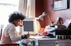 Portrait of woman with cool hair in home office