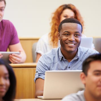 Students in a college lecture hall