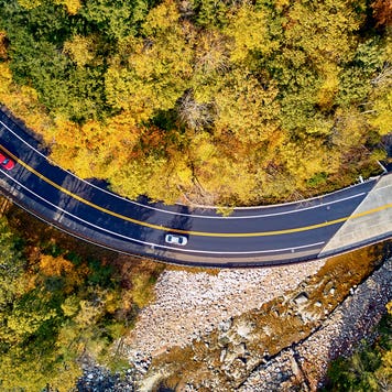 aerial view of cars driving along a winding road