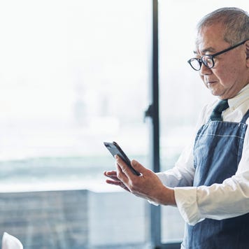 Senior male owner working in cafe