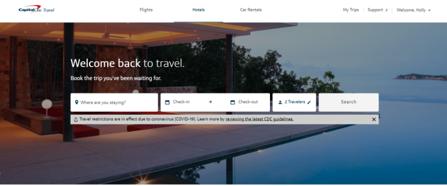 Screenshot of Capital One travel portal homepage
