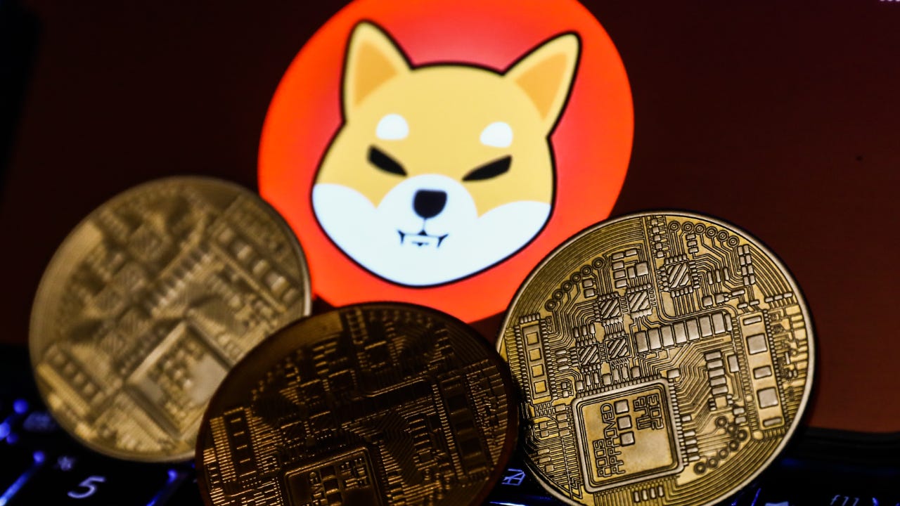 The Shiba Inu logo and some golden cryptocurrency