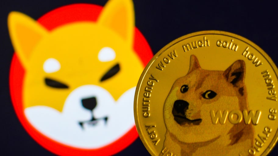 A picture of a Dogecoin and a Shiba Inu crypto logo