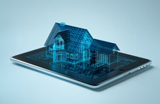 A conceptual image that shows an electric blue outline of a house projecting off the screen of a tablet
