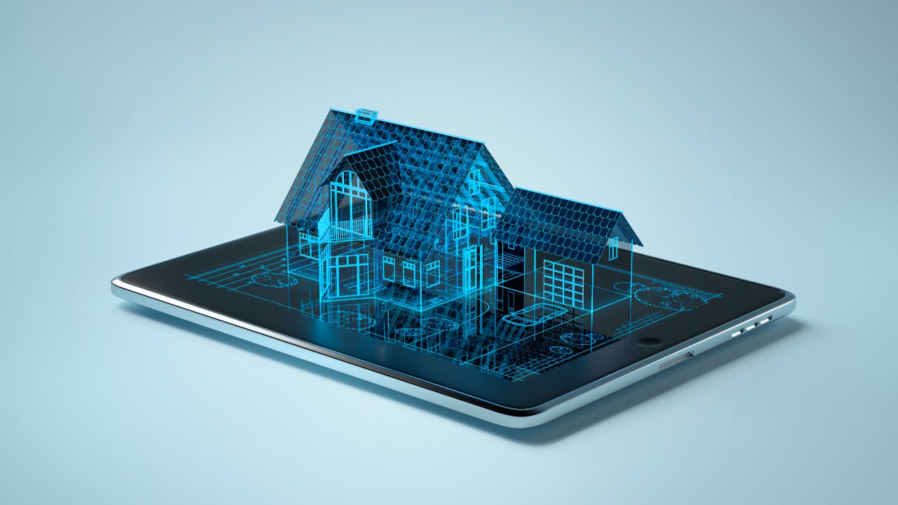 A conceptual image that shows an electric blue outline of a house projecting off the screen of a tablet