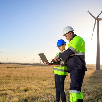 Two engineers stand in a field of windmills