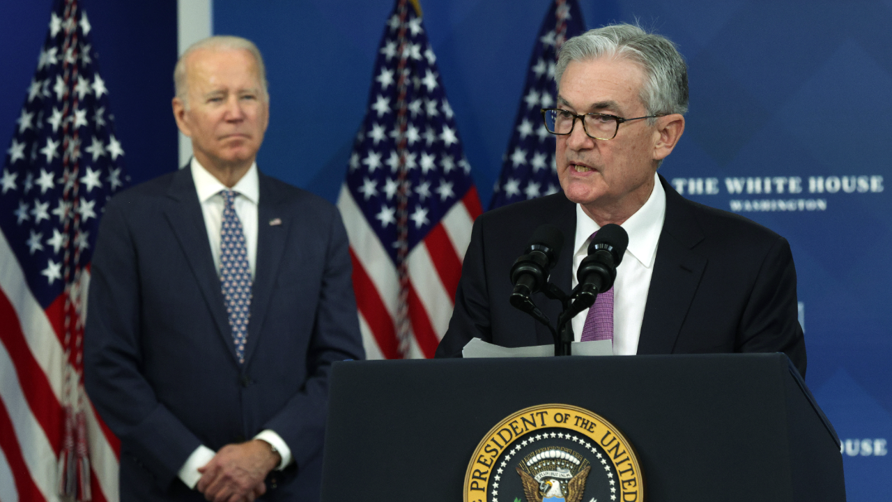 Federal Reserve Chair Jerome Powell speaks beside President Joe Biden after he was nominated for a second term