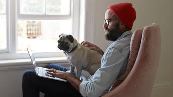 Man sitting at home with pug as he uses his laptop