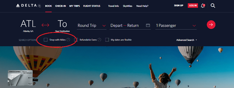Screenshot of the Delta booking website