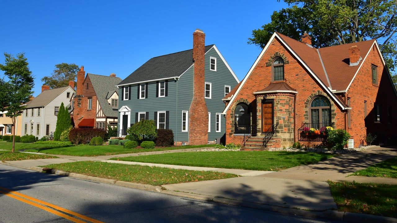 row of houses on a street in a suburb of Cleveland Ohio
