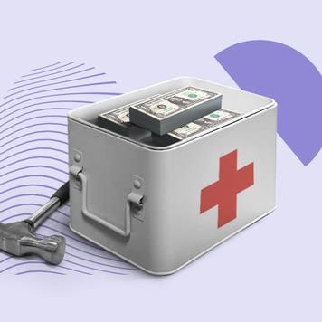 illustration of hammer with box with red health cross sign on it and a stack of cash