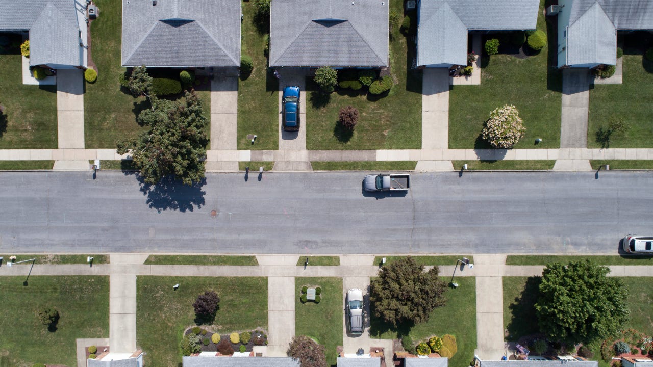 Aerial view of a suburban street