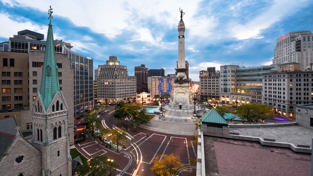 Aerial view of Indiana State's "Soldiers and Sailors Monument" on Monument Circle in Indianapolis