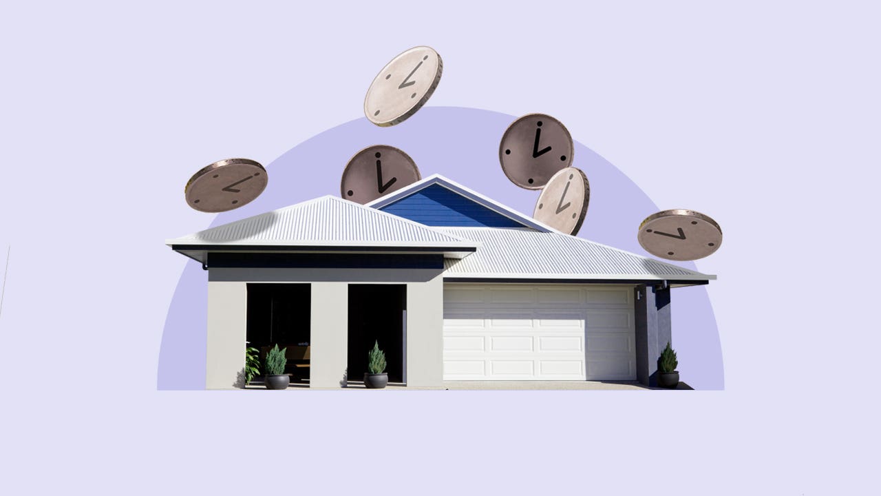 Illustrated collage featuring a home with clocks hovering above it