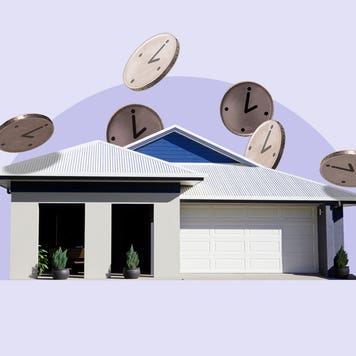 Illustrated collage featuring a home with clocks hovering above it