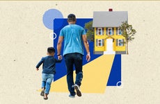 Illustration of a man and child walking toward a house