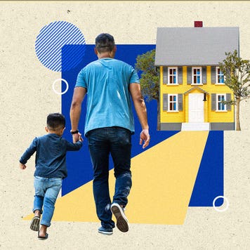 Illustration of a man and child walking toward a house
