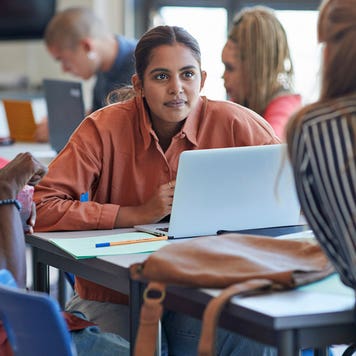 students talking in college