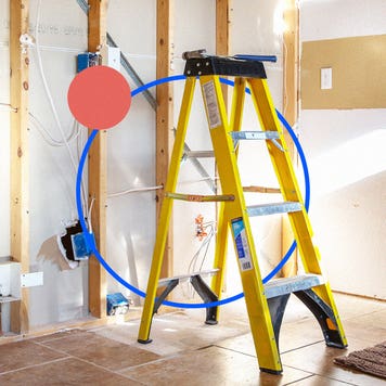 Image collage featuring a wall frame and ladder with illustrated graphics