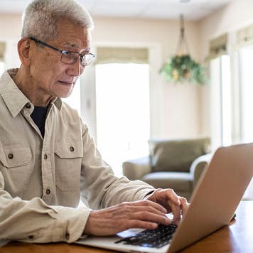 Person using laptop computer at home