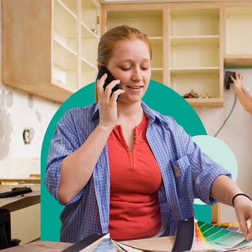 Illustrated collage featuring a woman reviewing paint color swatches inside of a kitchen