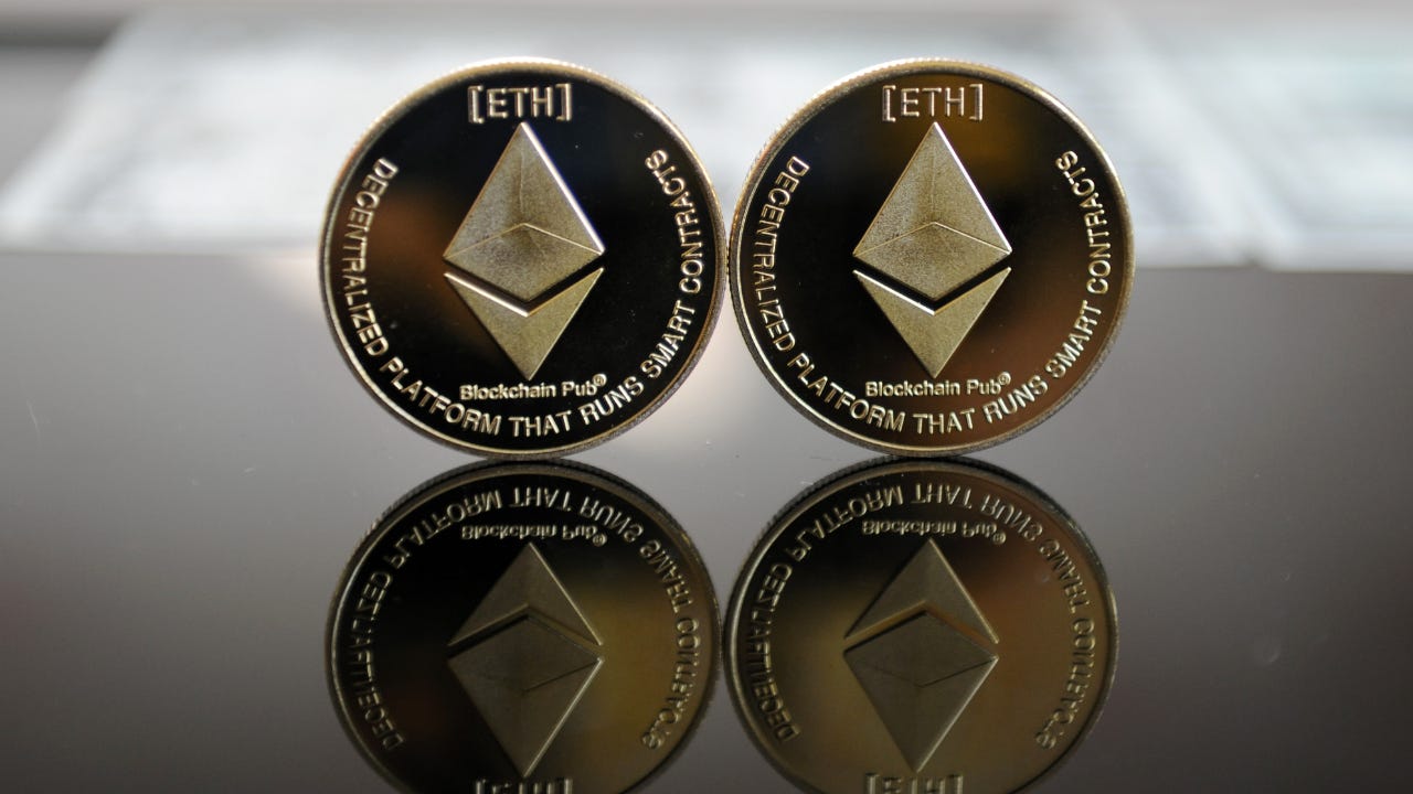 A physical representation of two Ethereum coins