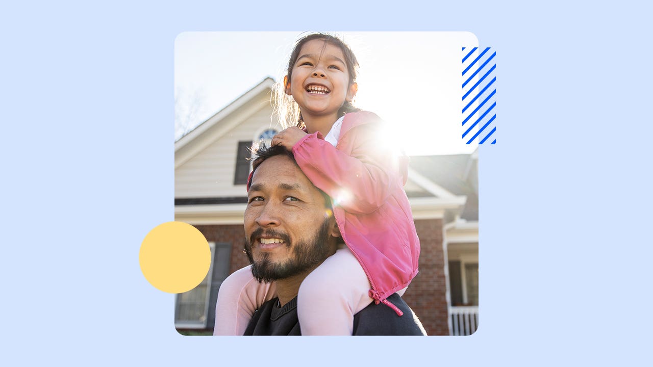 Illustrated graphic featuring a man giving a child a piggyback ride