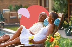 design element of an african american couple lounging on pool chairs