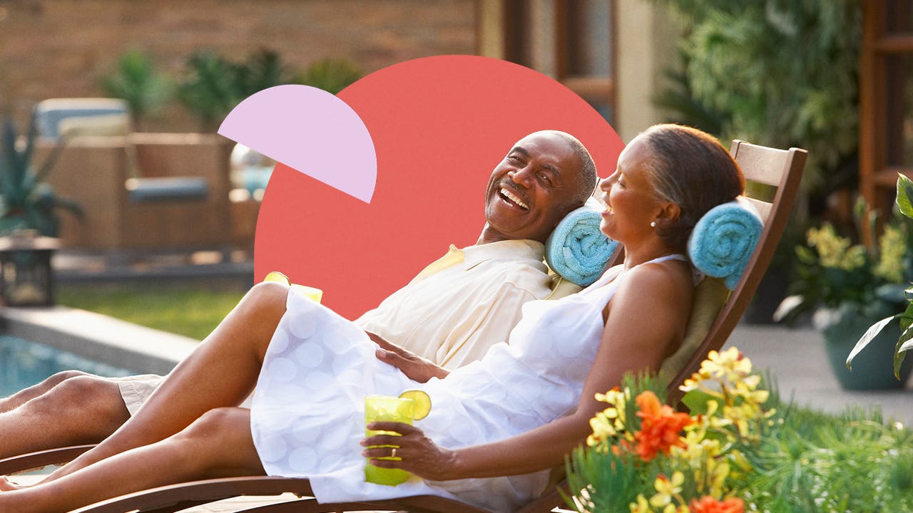 design element of an african american couple lounging on pool chairs