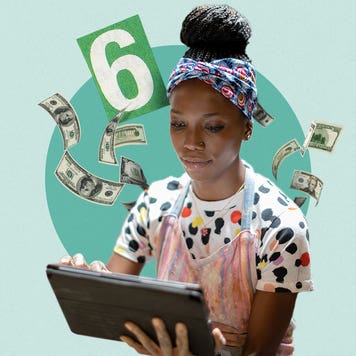 Young woman on laptop with illustrations of money coming out of it
