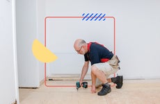 Illustrated collage featuring an older man working on flooring a room