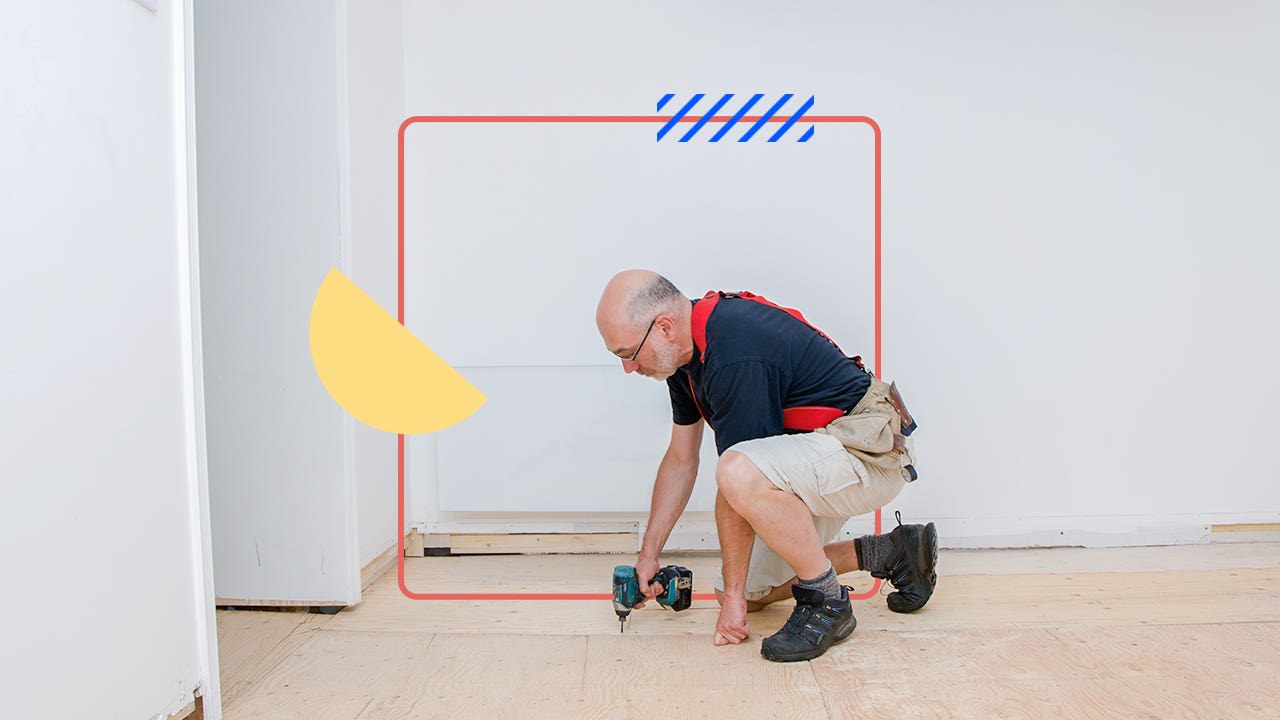 Illustrated collage featuring an older man working on flooring a room
