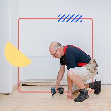 Illustrated collage featuring an older man working on flooring a room