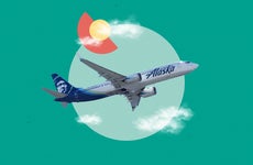 design element including an alaska airlines airplane with some faded out clouds and a green background