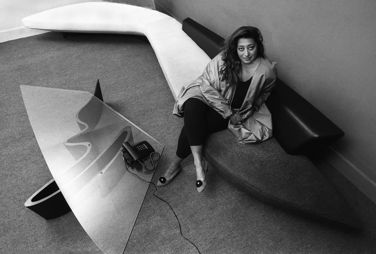 Award-winning architect Zaha Hadid in her office, ca. 1985.