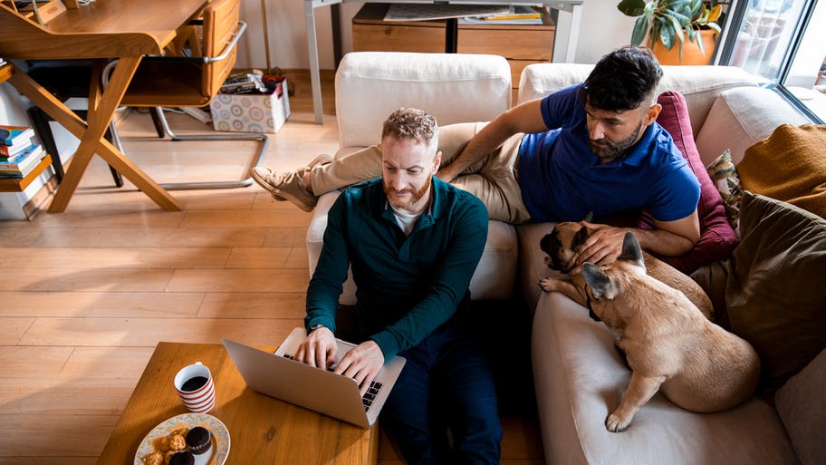 couple using laptop while sitting with their dogs in their living room