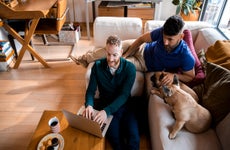 couple using laptop while sitting with their dogs in their living room