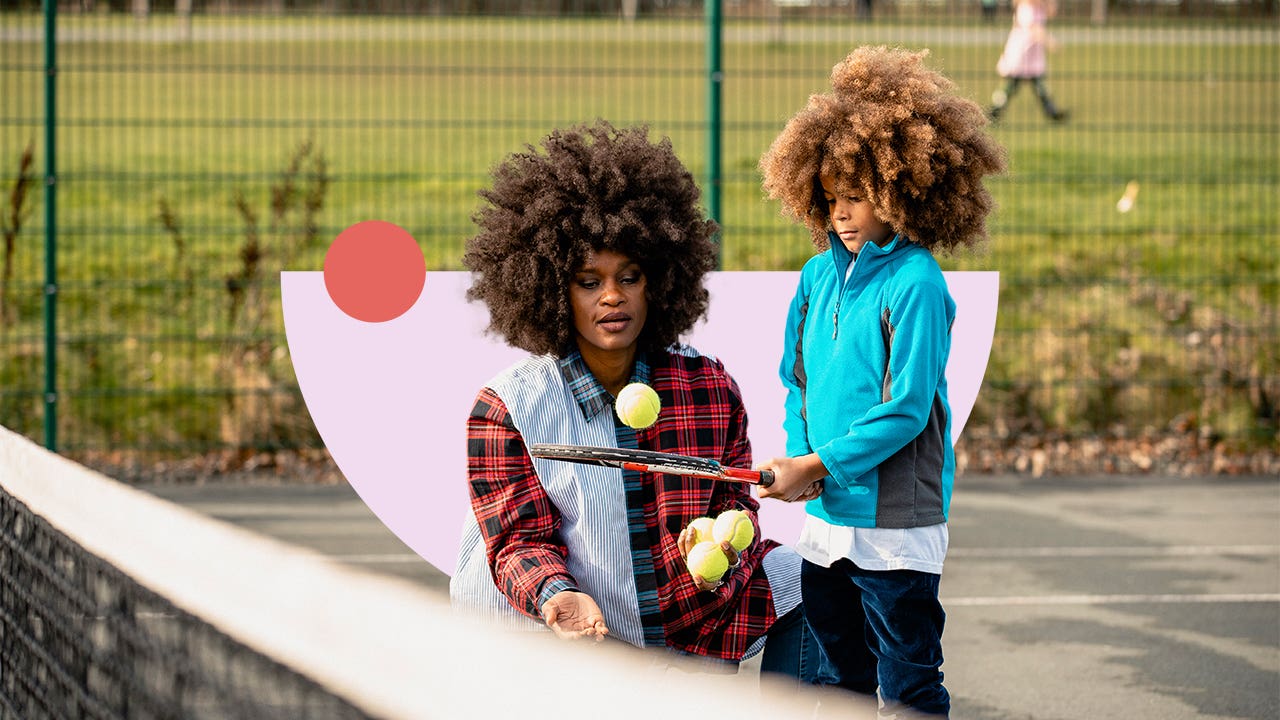 Young child and their parent practicing tennis on a tennis court with illustrated graphics