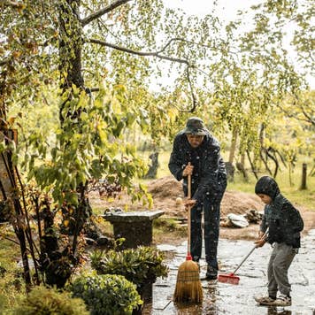 Man and Child Cleaning for Spring