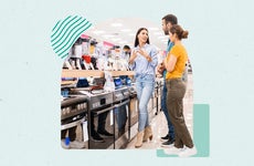 Illustrated collage featuring three people. One is an appliance salesperson and two are interested shoppers