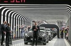 Tesla CEO Elon Musk speaks during a plant opening in Germany