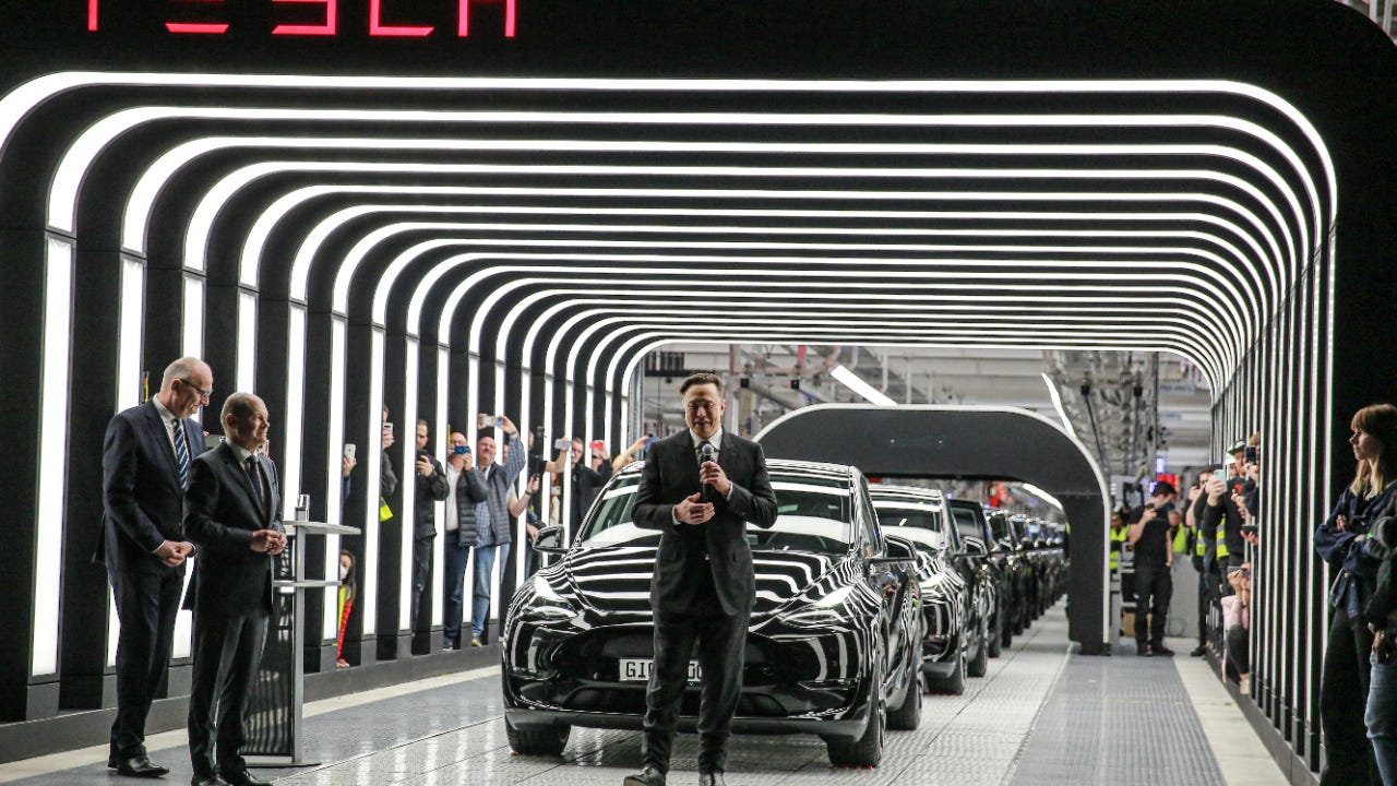 Tesla CEO Elon Musk speaks during a plant opening in Germany