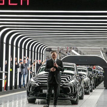 Tesla CEO Elon Musk speaks during a plant opening in Germany