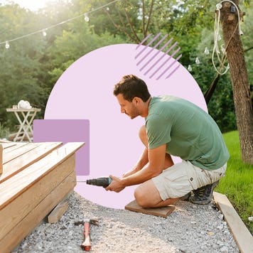 Illustrated collage featuring a man working on a wooden deck