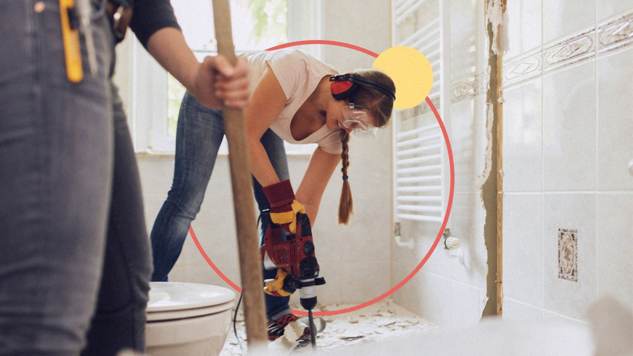 Illustrated image collage featuring a woman using a power tool to renovate a bathroom