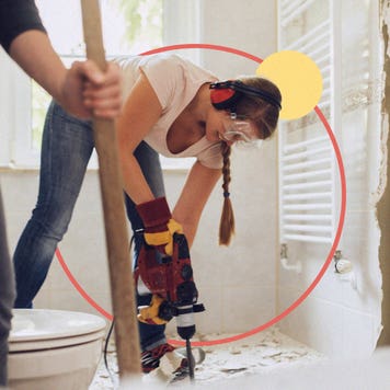 Illustrated image collage featuring a woman using a power tool to renovate a bathroom