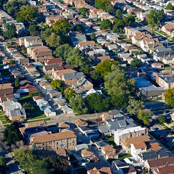 Aerial cityscape of rows of suburban housing in Chicago